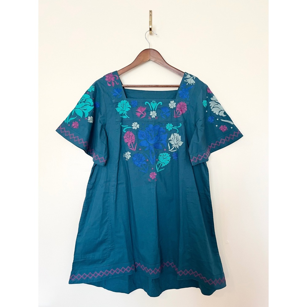 Gudrun Sjoden Embroidered Tunic Square Neck Dress Pockets Organic Cotton | Med‎